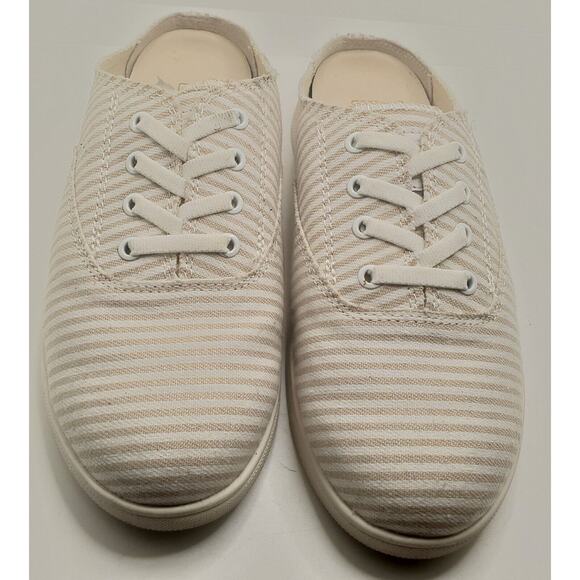 Spenco Orthotic 7.5 Tan Stripe Canvas Slip-On Sneaker Mules Santa Rosa New - Picture 3 of 9